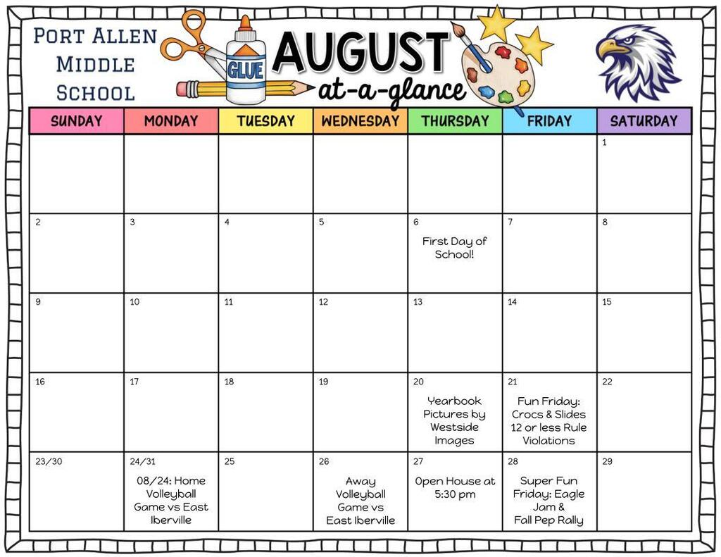 A calendar for August displays days of the week and activities, with an eagle and school-themed elements.