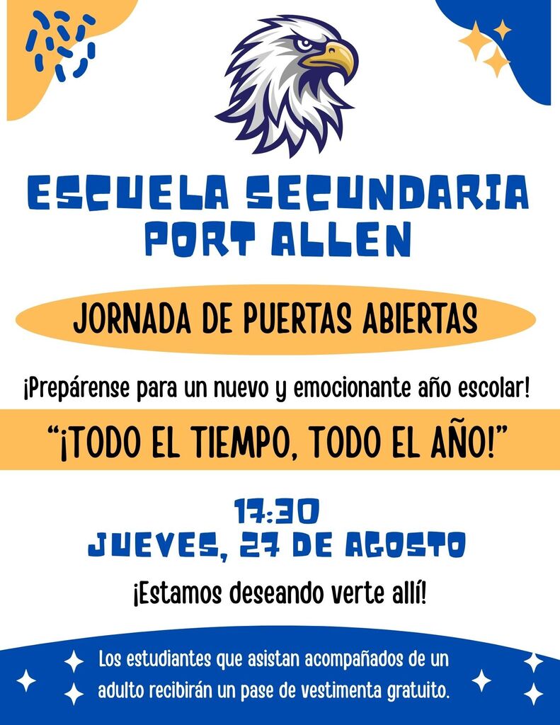 An open house event flyer for Escuela Secundaria Port Allen. Features include a bald eagle logo, text, date, and event details.