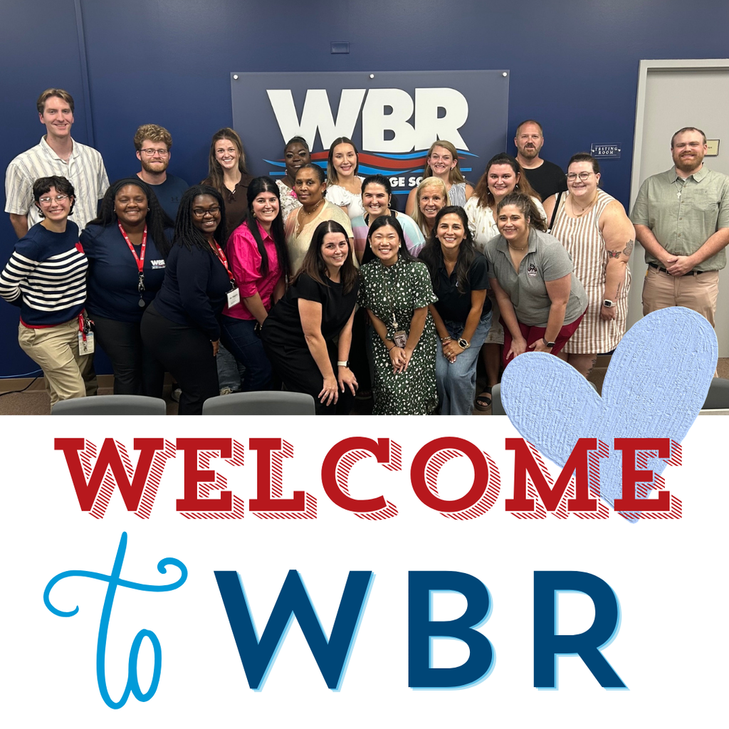 A group of people in business attire pose against a blue wall with "WBR" signage. "WELCOME to WBR" text overlays the image.
