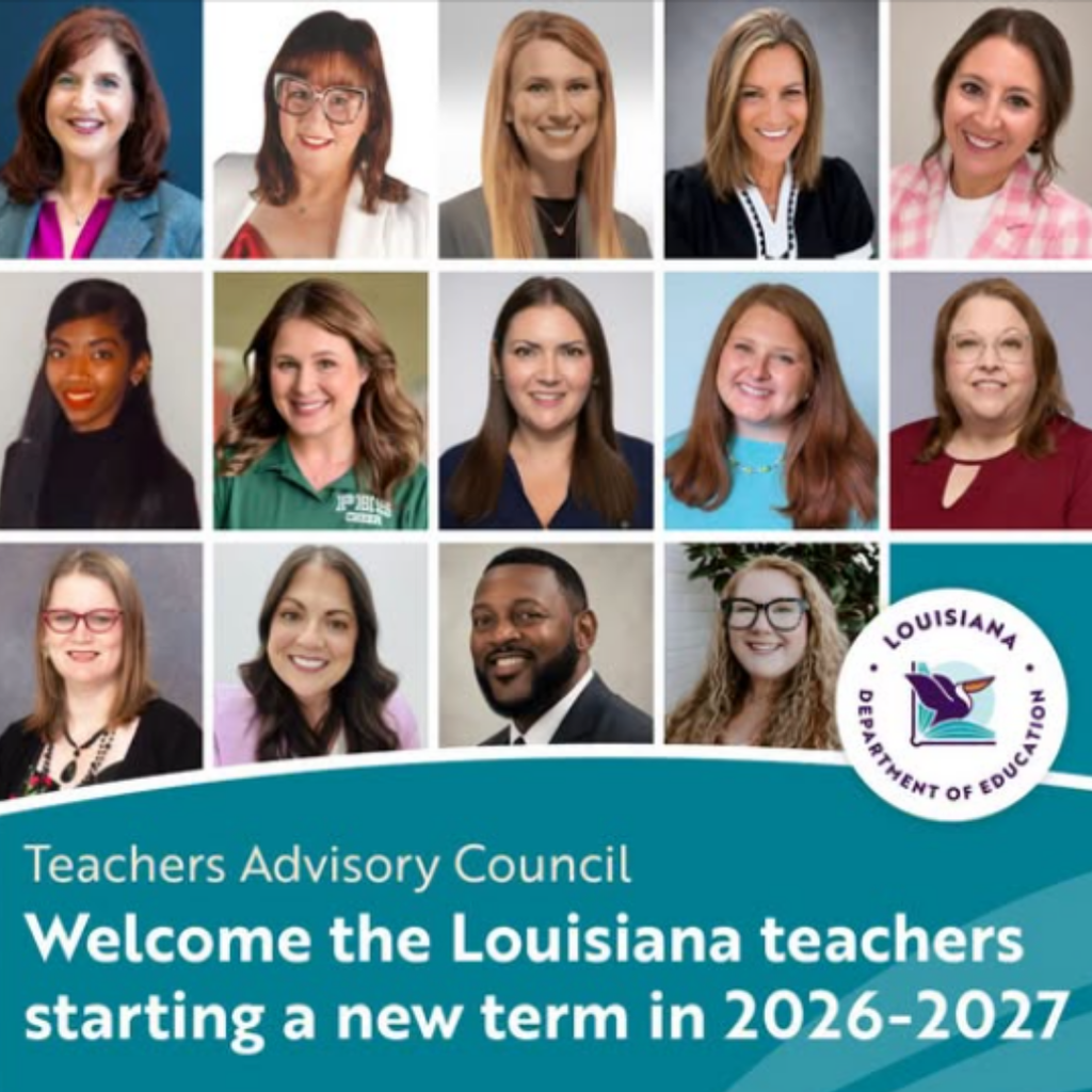 Grid of photos of people, each with a smile, arranged in multiple rows. Text reads "Teachers Advisory Council" and "Welcome the Louisiana teachers starting a new term in 2026-2027".