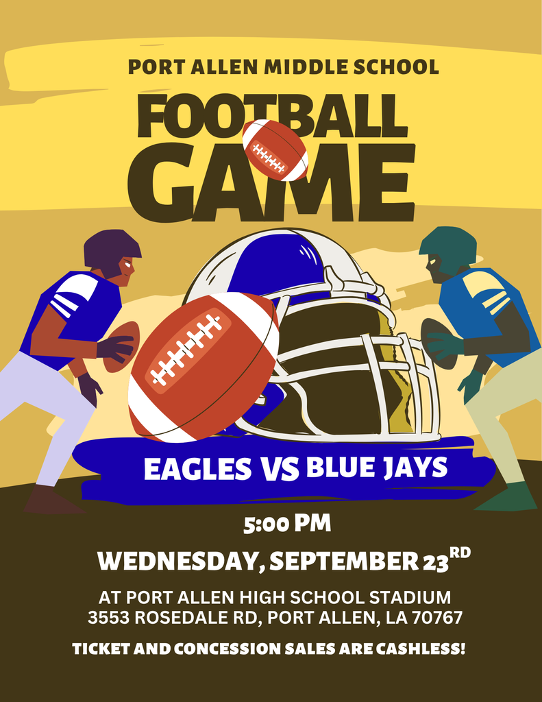 Poster with blue, white, and red colors. Two teams are playing football. Helmets, players, and a football are shown. Text reads "Football Game, Eagles vs Blue Jays, Wednesday, September 23rd."