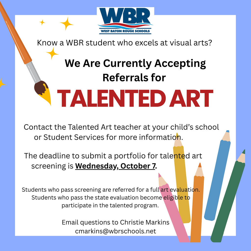 Flyer with blue background, brushes, and pencils. Text reads "We Are Currently Accepting Referrals for Talented Art."