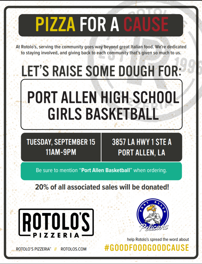 A poster with black, yellow, green, and white colors. It shows information about an event at Rotolo's Pizzeria.