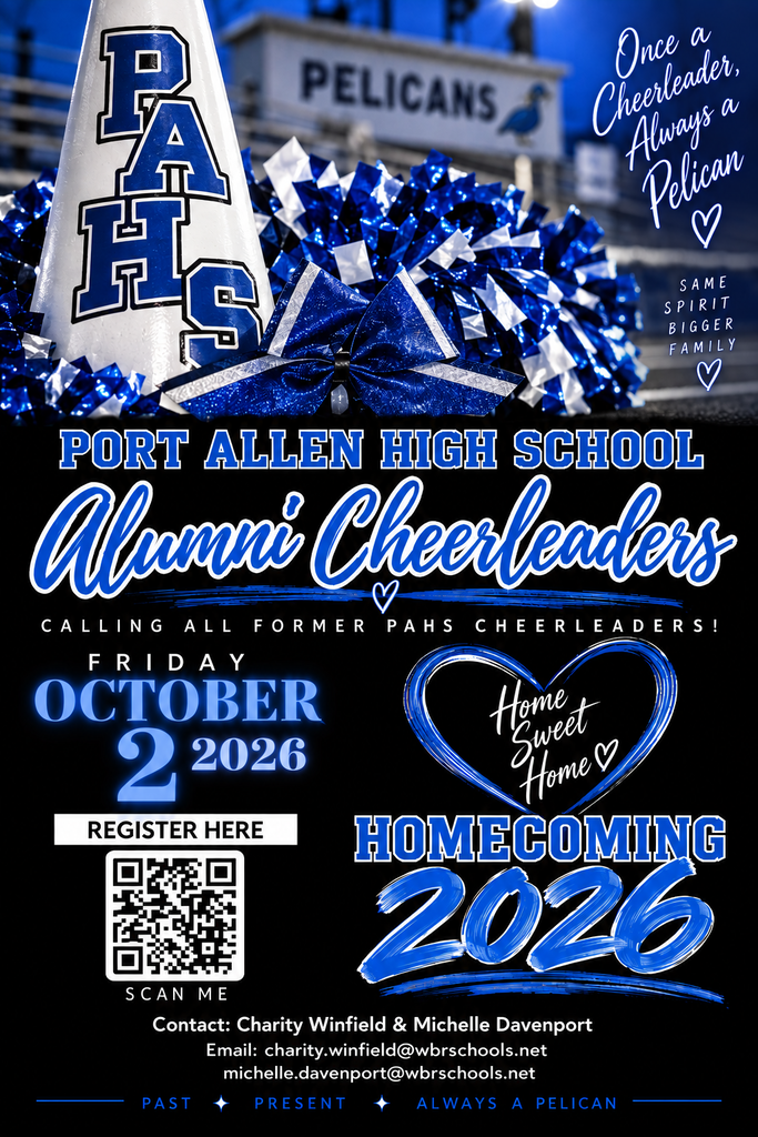 Event flyer for Port Allen High School's Homecoming 2020, featuring a blue and white cone, a heart, and text. Registration date is October 2, 2026.