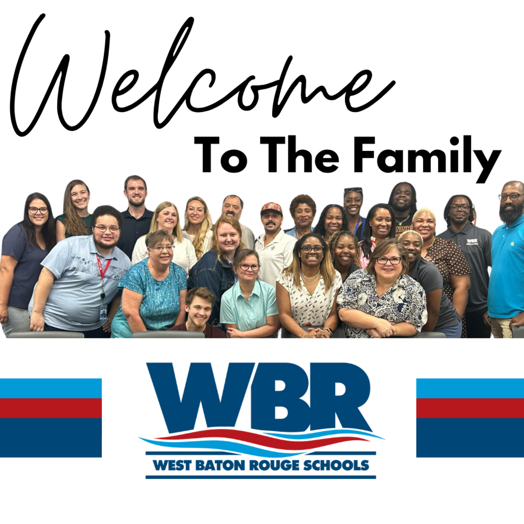 Group of people in casual clothing stand in rows against a dark background, with a logo and text "WBR West Baton Rouge Schools" at the bottom.