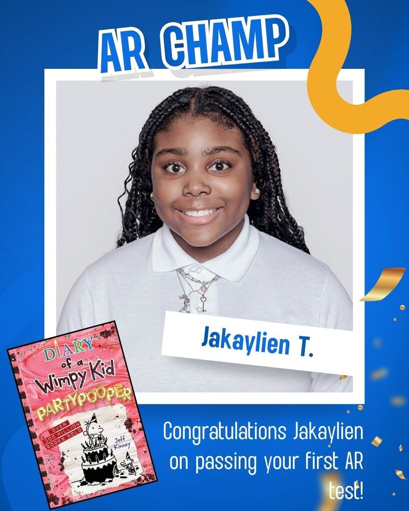 A smiling girl with braided hair and a white shirt poses against a blue background. Below, "Jakaylient" is mentioned, and a book titled "Diary of a Wimpy Kid: Party Pooper" is shown.