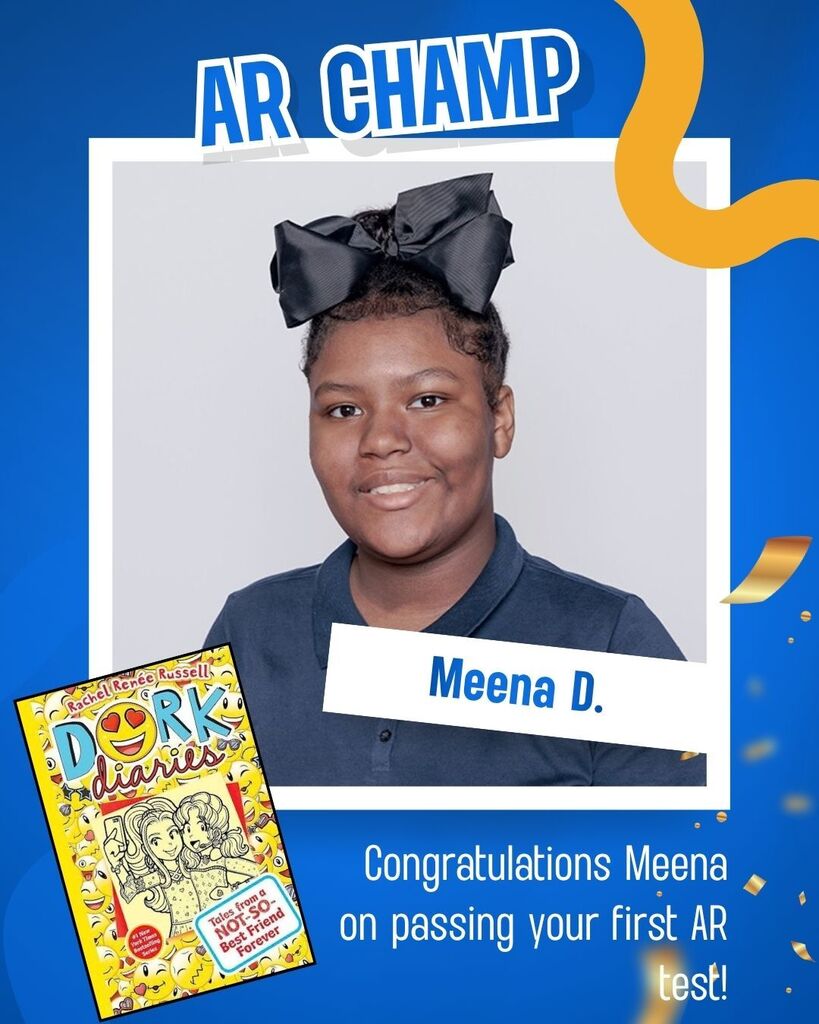A smiling girl with a bow in her hair stands before a blue background. Text reads "AR Champ." A book titled "Dork Diaries" and a gold ribbon are on the left.