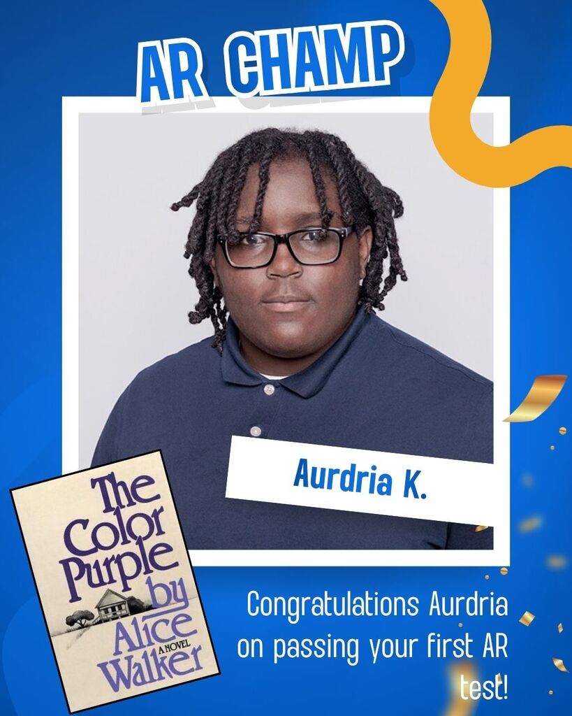 Person in glasses. Book titled The Color Purple. Confetti in background. "Congratulations Aurdia on passing your first AR test!"