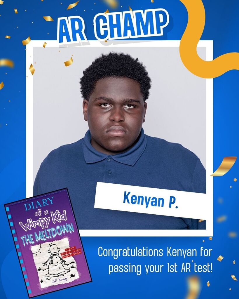 Person wearing blue shirt stands in front of a blue background. Confetti in background. Card reads "AR Champ" and "Diary of a Wimpy Kid: The Meltdown."