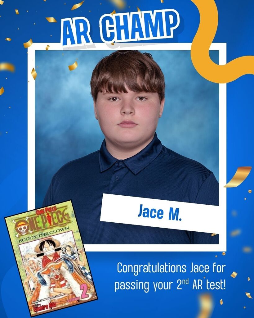 Boy with short brown hair and a blue shirt stands in front of blue background. Confetti, text, and comic book image surround him.