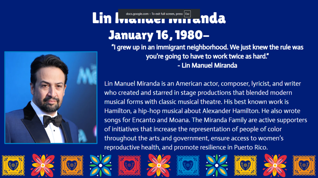 An image featuring Lin-Manuel Miranda's portrait. Text describes his career and contributions. Bright colors and patterns adorn the background.