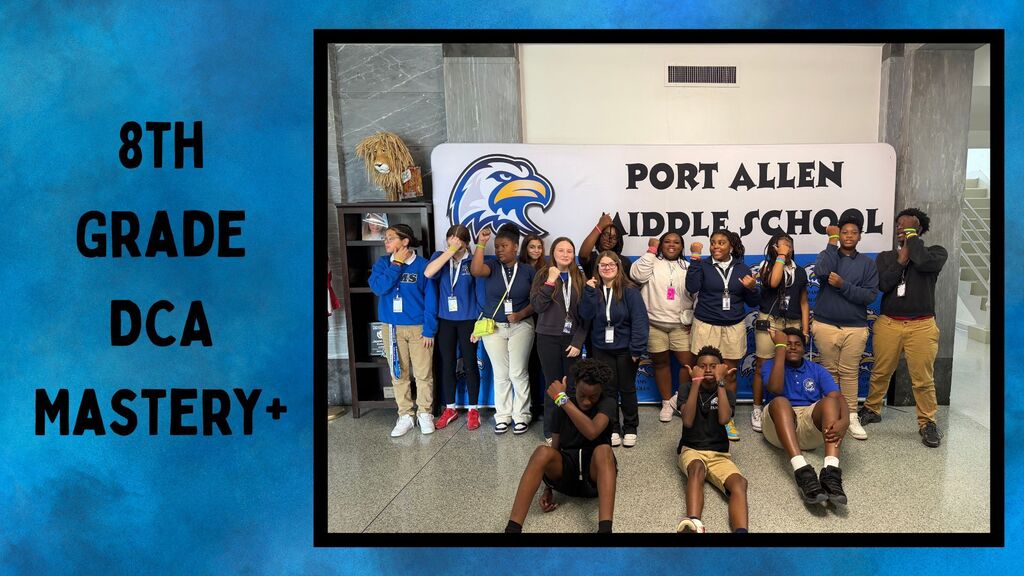 A group of students in school uniforms pose for a picture. Blue banner reads "8th Grade DCA Mastery+".