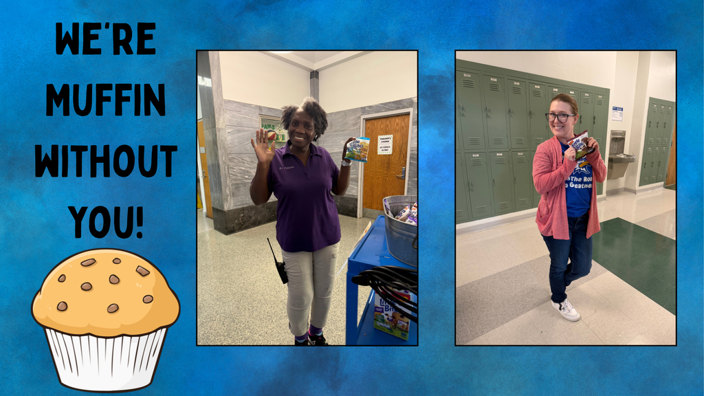 Two photos of women holding items. One in purple shirt, other in pink cardigan. Background: a school hallway with lockers.