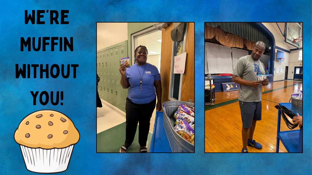 Blue background with text. A woman in a blue shirt holds a cup in a hallway. A man stands in a gym with a tray of items.