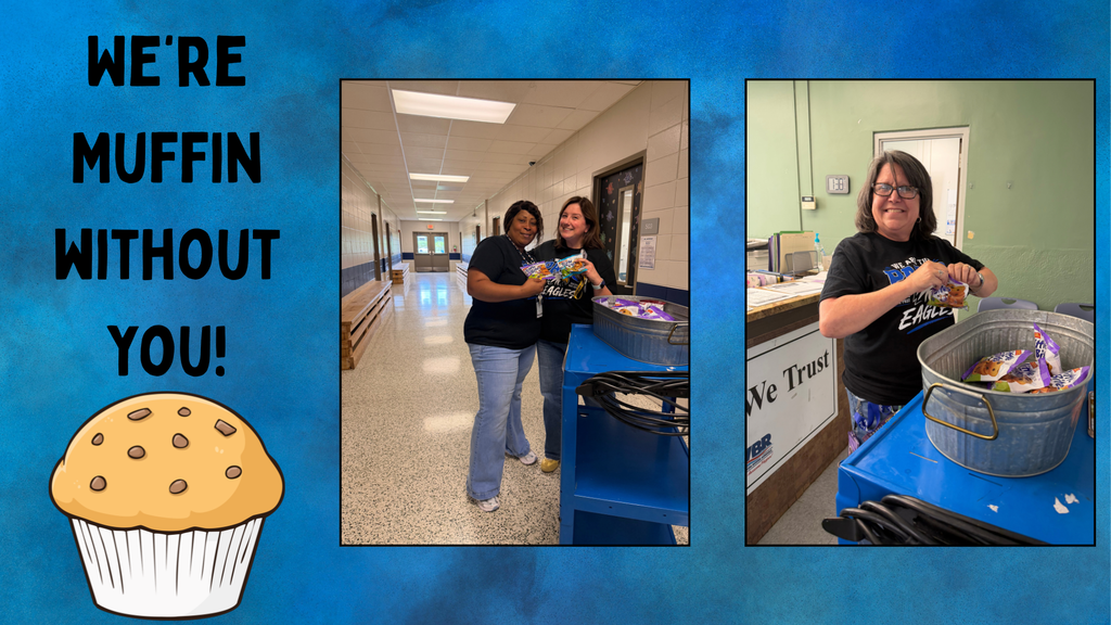 Two photos show adults holding items. One adult is in a hallway with a cupcake graphic; another is in a room with a bucket.