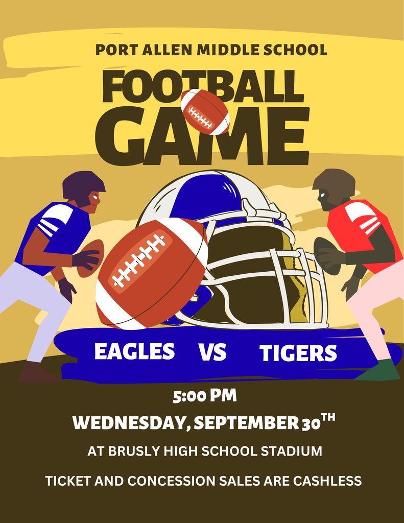 A sports event poster features two football players, one in blue and one in red, with a football and helmet in the center. It reads, "Football Game Eagles vs Tigers."