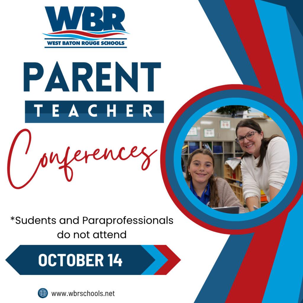 An event poster shows two women in a classroom. The text reads "Parent Teacher Conference, October 14."