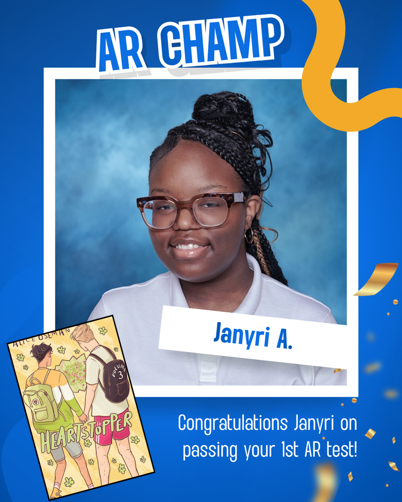 Blue background with "AR CHAMP" text. Picture of Janyri A. in glasses. "Congratulations Janyri on passing your 1st AR test!" text.