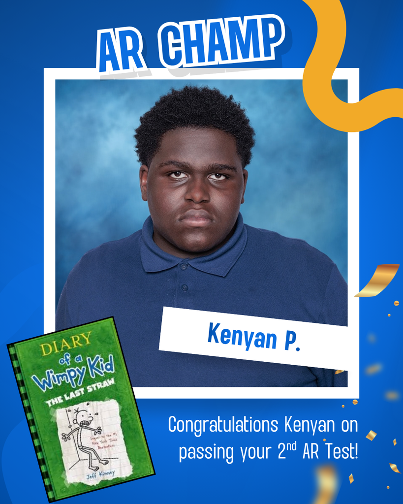 A boy in a blue polo stands with a blue background, a celebration ribbon, and a book titled "Diary of a Wimpy Kid: The Last Straw." Text reads "Congratulations Kenya on passing your 2nd AR Test!"