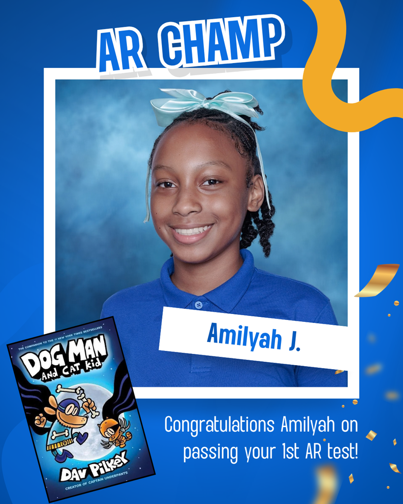 Girl with braids in a blue shirt smiles. A book titled "Dog Man and Cat Kid" on the left. Blue background with "AR Champ" text.