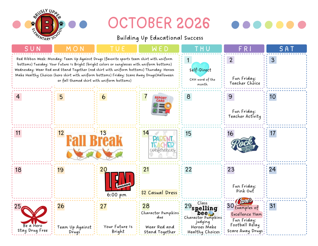 October BUES Monthly Calendar