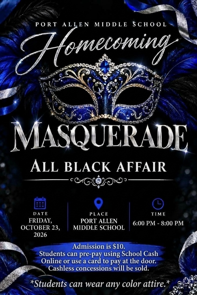 An event flyer with a blue and silver mask design, text "Homecoming Masquerade All Black Affair," and details for the event.