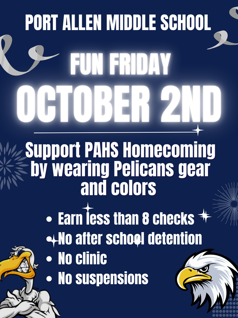 Poster for Port Allen Middle School's Fun Friday on October 2nd. Features a mascot, blue background, and event details.