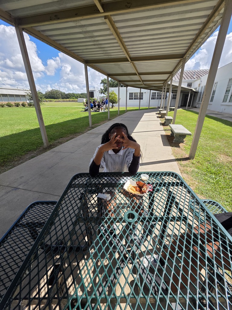 A person sits at a table under a shelter, with food on the table, on a sunny day.