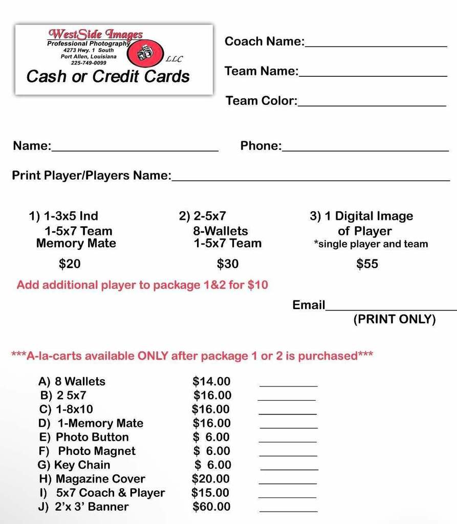 A form displays options for team names, colors, and additional items like wallets and memory mates. Costs for various items and team photos are listed.