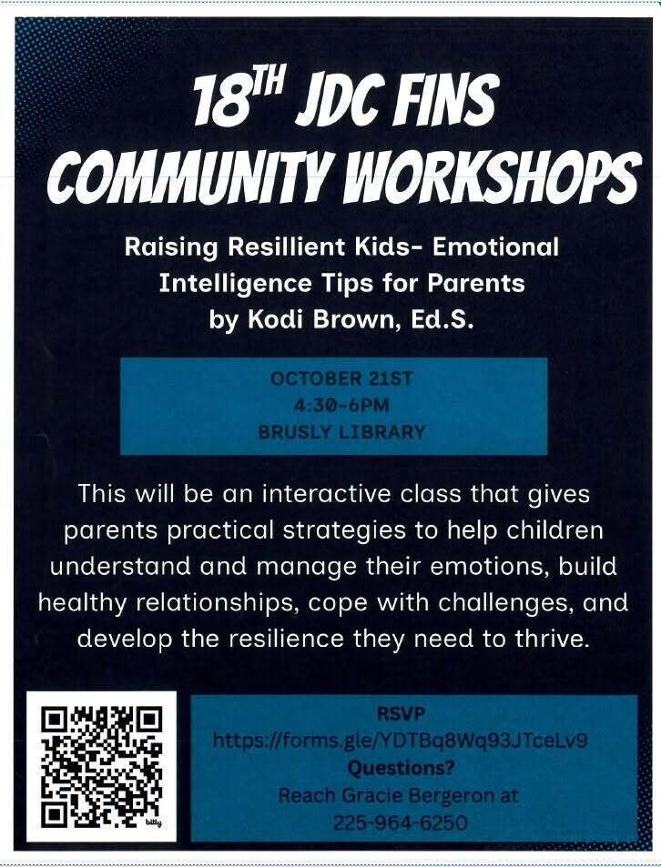 A workshop invitation for parents to learn about emotional intelligence. Details include date, time, location, and a QR code.