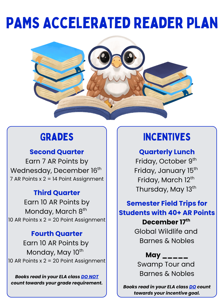 A flyer displays a reading plan with a cartoon owl wearing glasses, sitting on a book. Sections show quarterly lunch dates and field trip incentives.