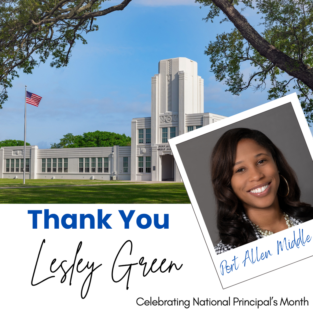 A building with a flag, a smiling woman in a photo, and text thanking Lesley Green.