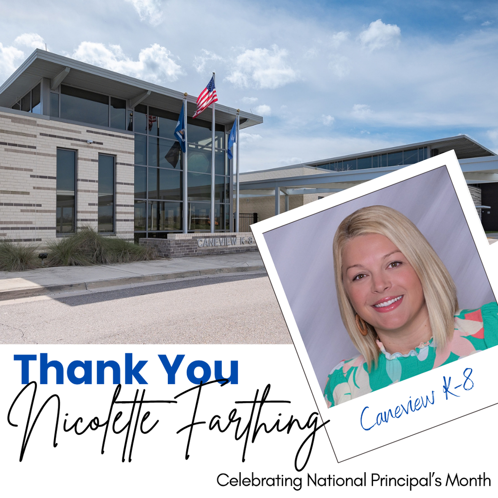 A modern building with flags in front, and a smiling woman in a photo with text thanking Nicolette Farthing.