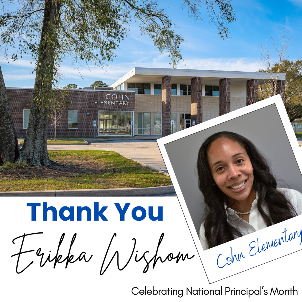 A woman smiles in front of a school building. Text reads "Thank You, Erikka Wisdom". Background shows a tree and a blue sky.