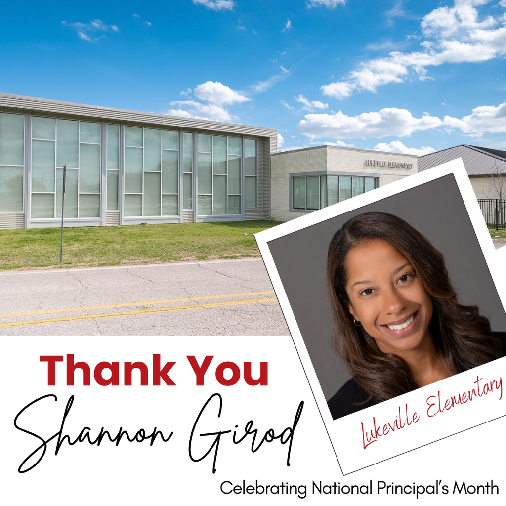 Text: "Thank You, Shannon Girod. Celebrating National Principal's Month" with a photo of a woman smiling. Background: A school building.