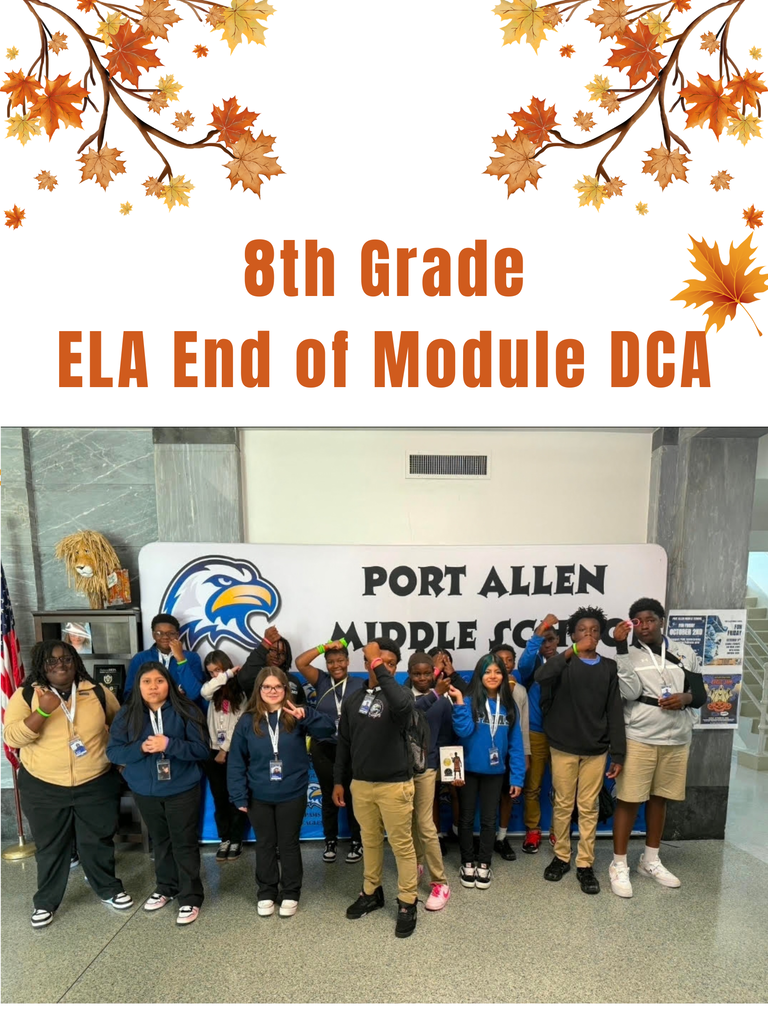 Group of students pose for photo in front of banner reading "Port Allen Middle School" with decorative autumn leaves.