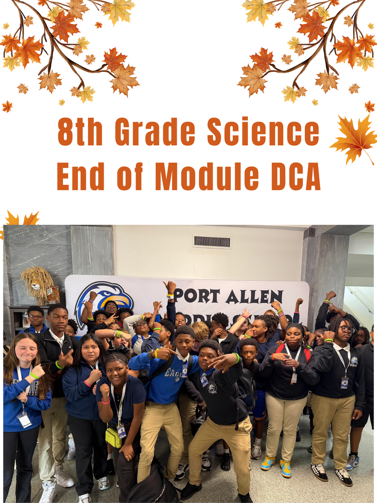 A group of 8th-grade students pose for a photo with a banner. Leaves surround the image.