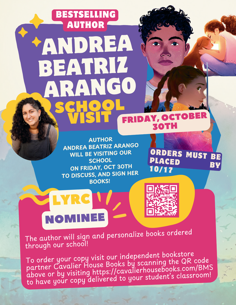 Flyer for a school visit by author Andrea Beatriz Arango. Arango will discuss and sign books. QR code for ordering and signing books.