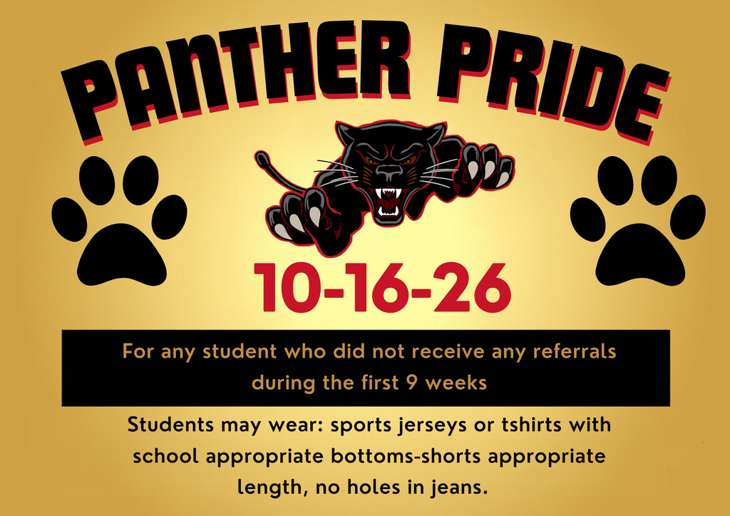 A yellow poster with the words "Panther Pride" and a black panther image. Below, there are paw prints on the sides.