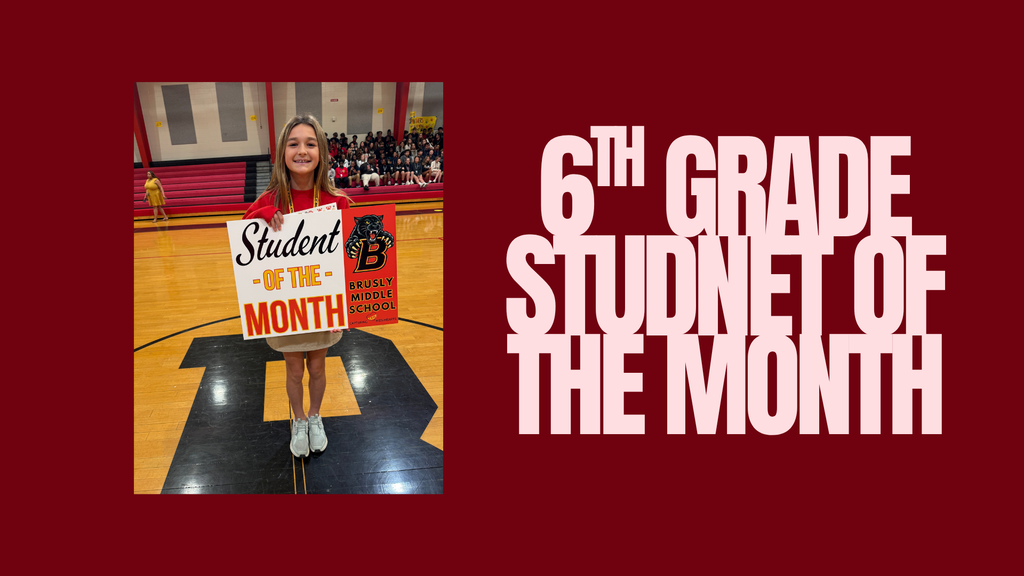 A student holds a sign in a gym. The text reads "Student of the Month". Text overlay says "6th Grade Student of the Month".