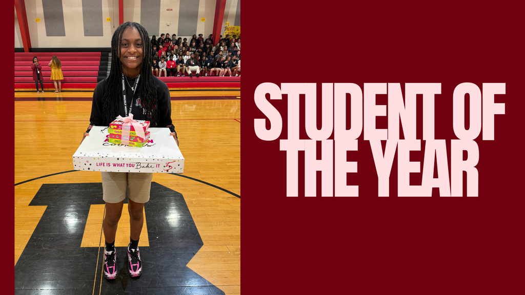 Person in shorts and sneakers holding a box on a basketball court. Text reads "STUDENT OF THE YEAR."