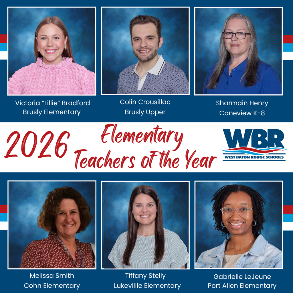 Six people on a blue background. Four females and two males. Each with a name and school. Text reads "2026 Elementary Teachers of the Year".