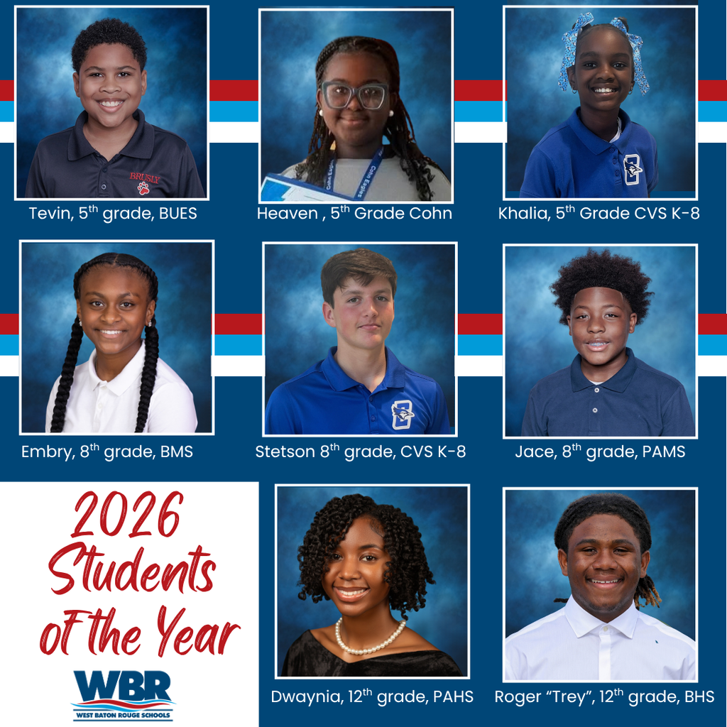 Collage of eight students, five in blue shirts, three in white. Background has red, white, and blue stripes. Text reads "2026 Students of the Year".
