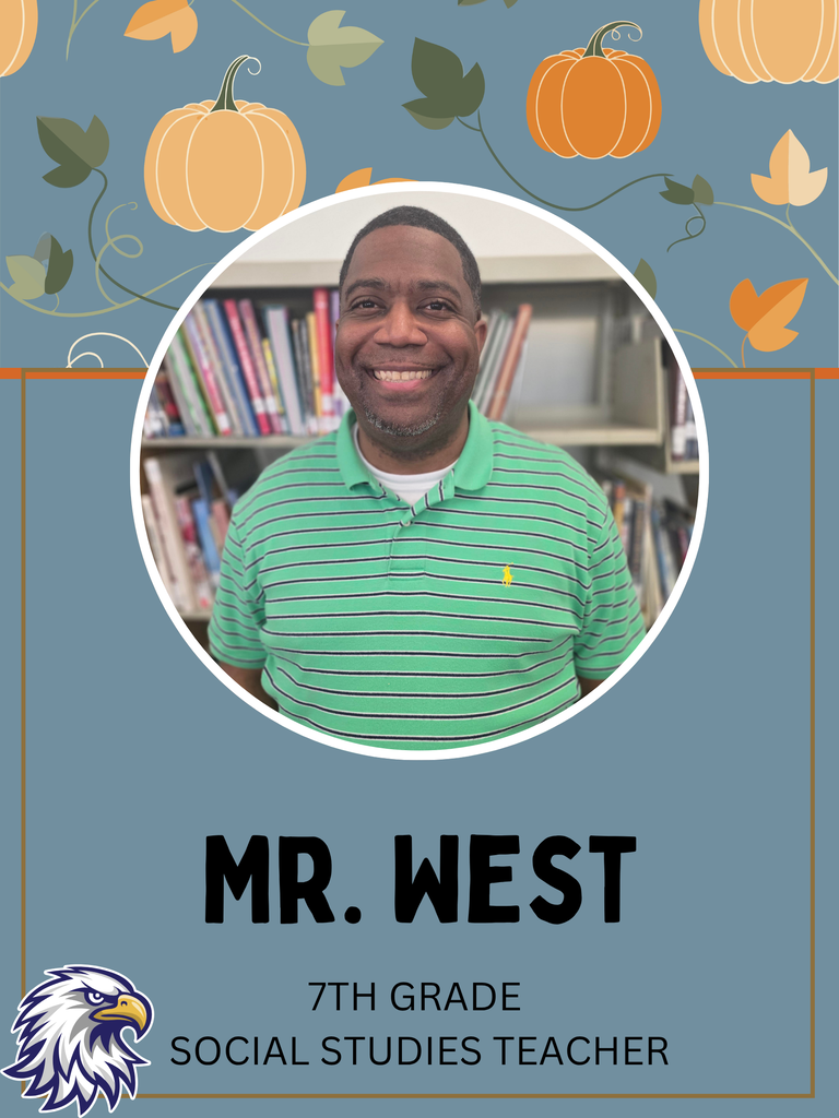 A photo of a smiling man with autumn leaves and pumpkins. He wears a green polo shirt. Text reads "Mr. West 7th Grade Social Studies Teacher."