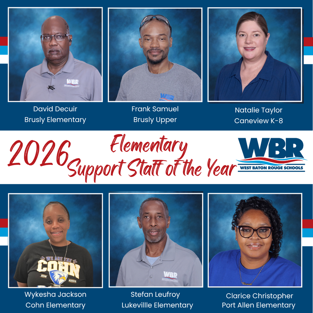 A blue and white graphic displays six headshots of people in blue and gray shirts. "2026 Elementary Support Staff of the Year" is above them.