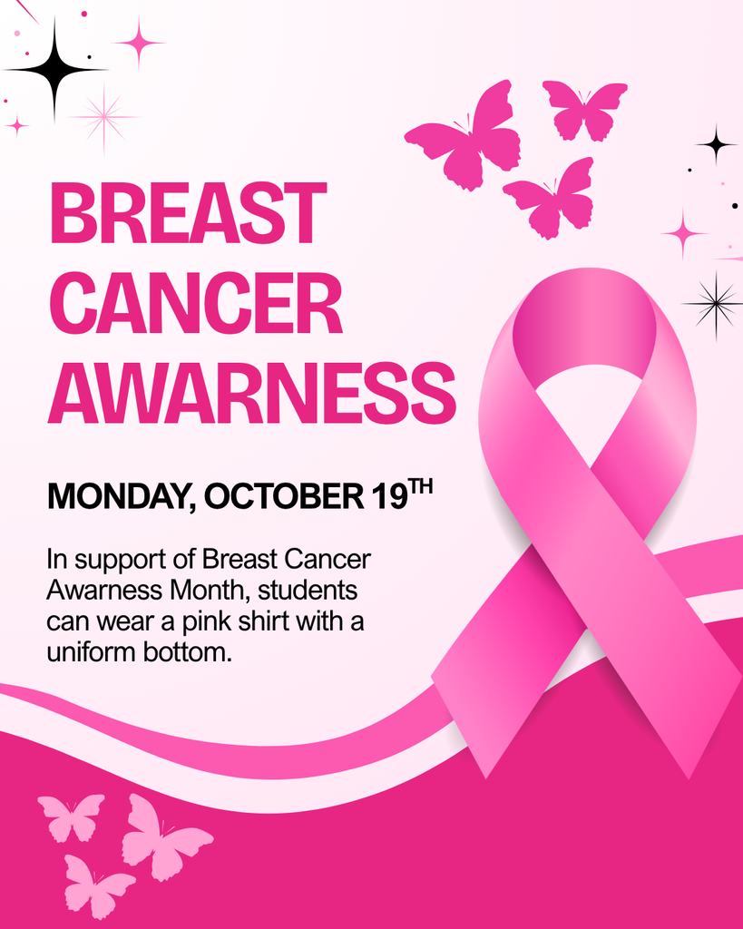 A poster with pink background and butterflies promoting Breast Cancer Awareness on October 19. Text invites students to wear pink in support.