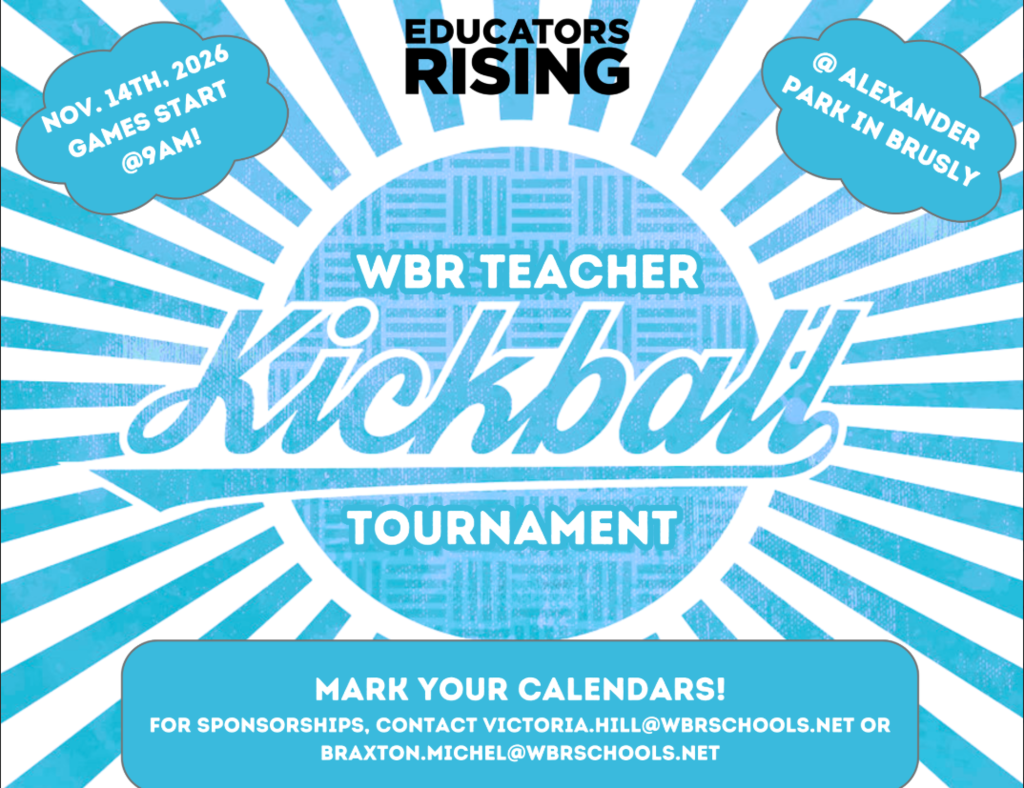 A blue and white graphic announces a "Kickball Tournament" with event details, sponsors, and a contact email.