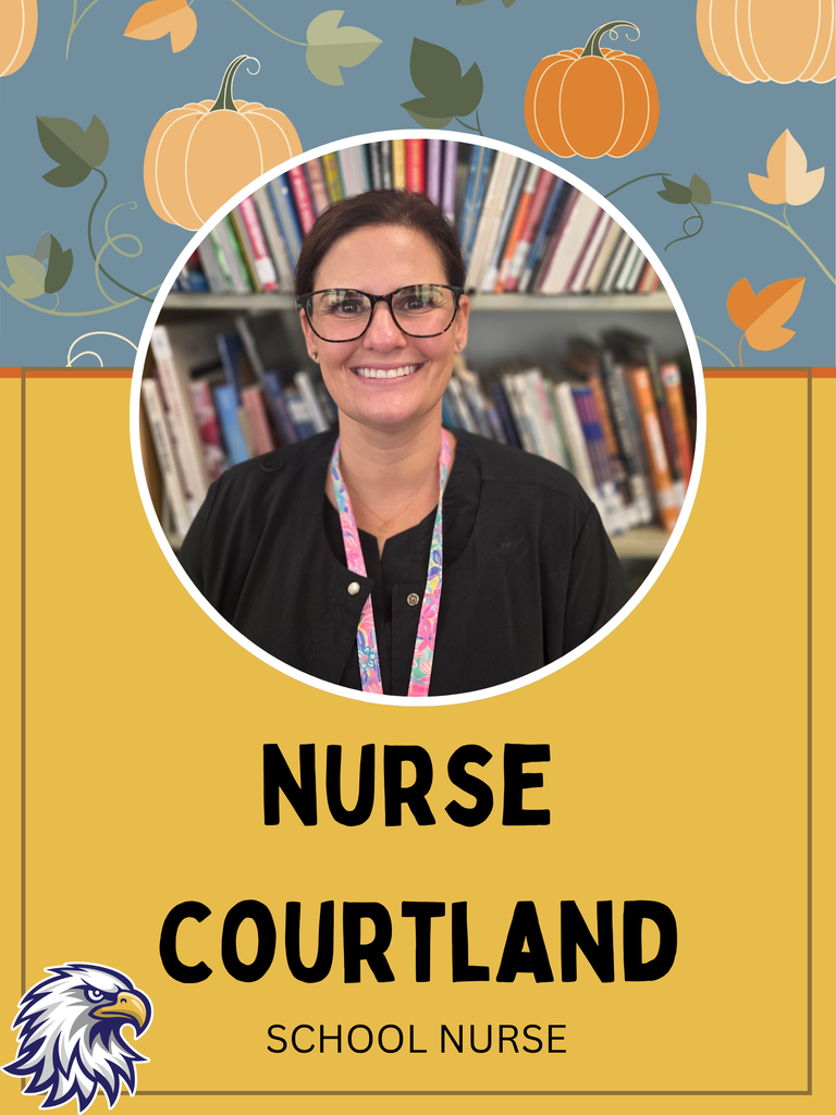 Nurse Courtland, school nurse, smiling and wearing glasses, stands before a bookshelf. Background features pumpkins, leaves, and a yellow border.