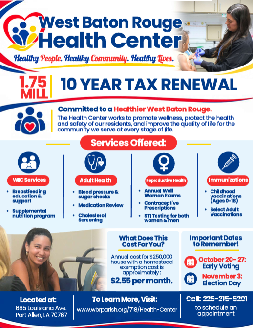 Advertisement poster about tax renewal with services offered including breastfeeding support, blood pressure checks, annual well visits.