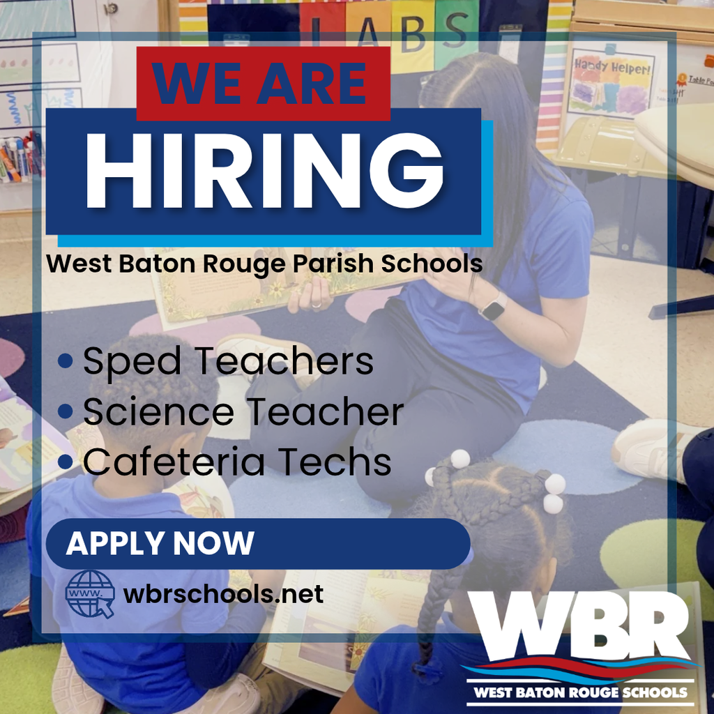 Classroom with text "We are hiring" at top. Woman reading to child. Various job titles listed. Website address at bottom.